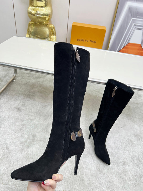 LV Tall Boots Pointed Toe Stiletto Black Suede 140785