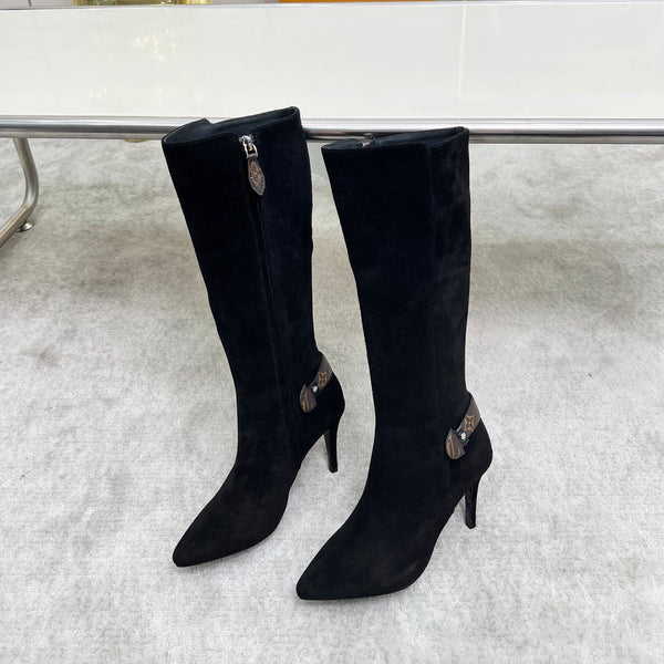 LV Tall Boots Pointed Toe Stiletto Black Suede 140785