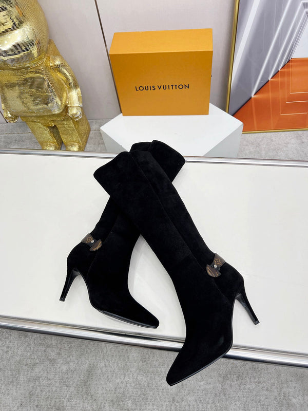 LV Tall Boots Pointed Toe Stiletto Black Suede 140785
