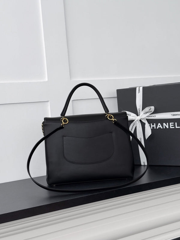 CC 26B Maxi Top Handle Flap Bag Mini Pouch 32cm Black Calfskin 6309
