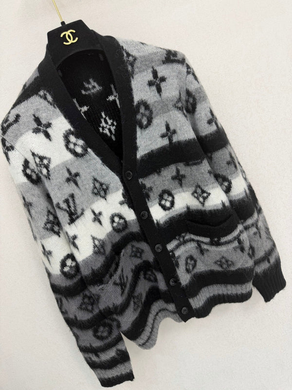 LV 26S Monogram Jacquard Cardigan Black Grey Mohair 433834