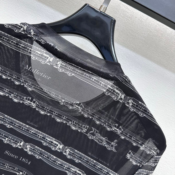 LV 26S Train Print Long-Sleeve Mesh Top Black Polyester 434038