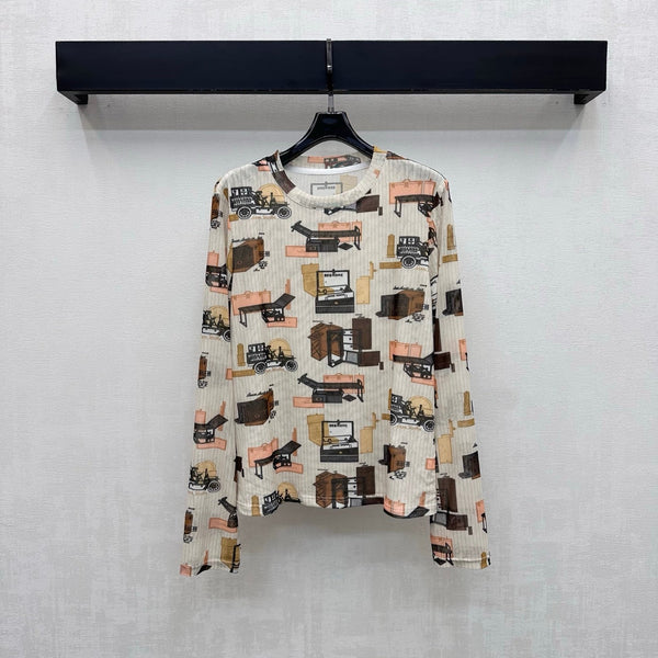 LV 26S Vintage Antique Print Long-Sleeve Mesh Top Polyester 434034