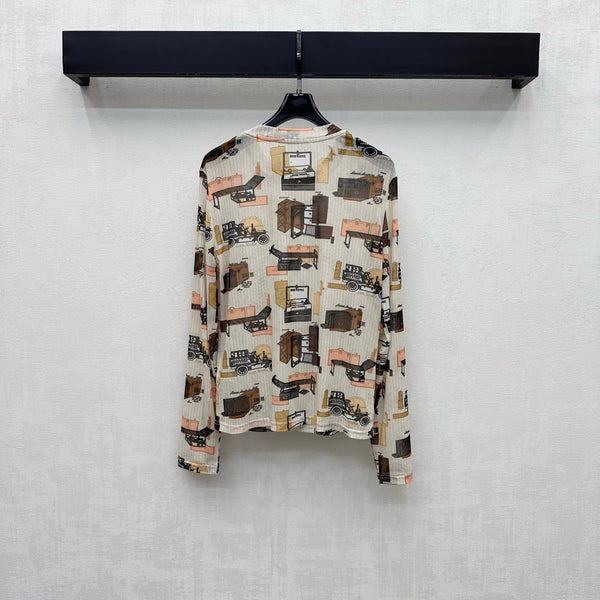 LV 26S Vintage Antique Print Long-Sleeve Mesh Top Polyester 434034
