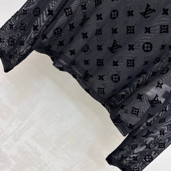LV 26S Flocked Monogram Mesh Long-Sleeve Top 434028