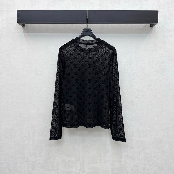 LV 26S Flocked Monogram Mesh Long-Sleeve Top 434028
