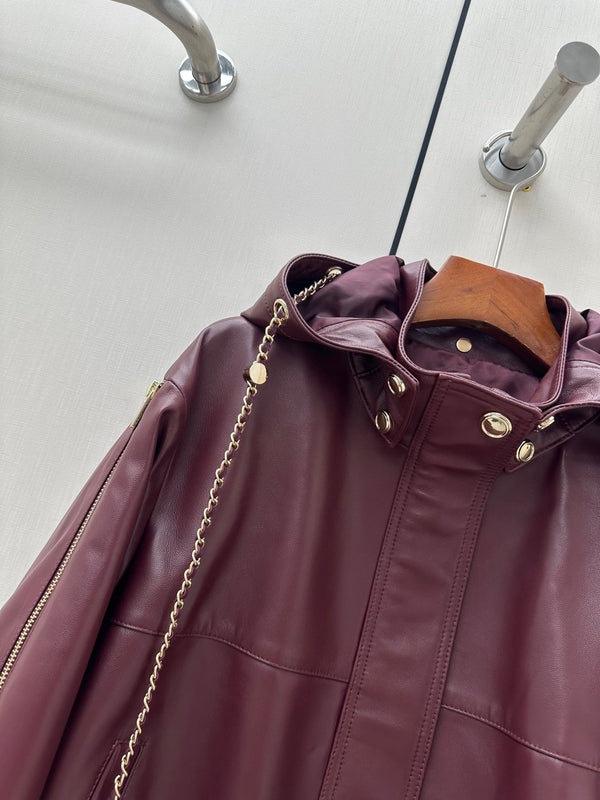 CC 26K Hooded Leather Jacket Gold Chain Drawstrings 435105