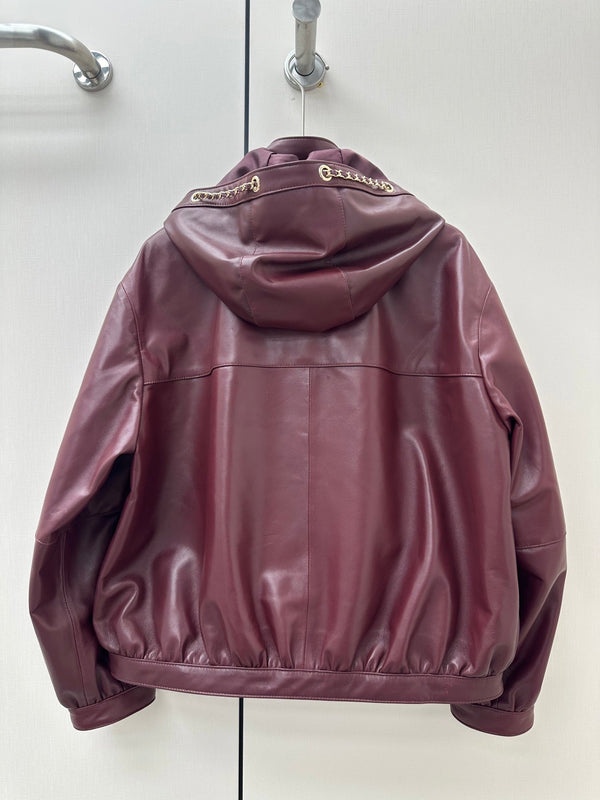 CC 26K Hooded Leather Jacket Gold Chain Drawstrings 435105