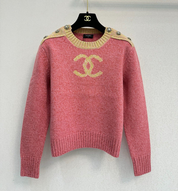 CC 26S Sweater Gold Logo Crystal Buttons Pink Wool 436269