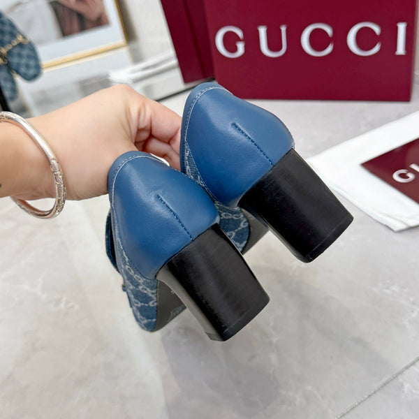 GG 26S Horsebit Loafers 6cm Block Heel Denim Fabric 157237