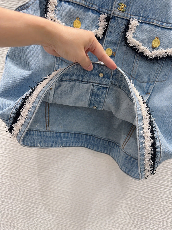 CC 26S Denim Vest Frayed Contrast Trim Gold Buttons Cotton 436527