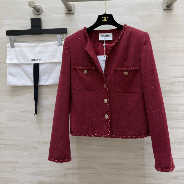 CC 26S Cropped Jacket Frayed Trim Gold Carved Buttons Burgundy Tweed 437229