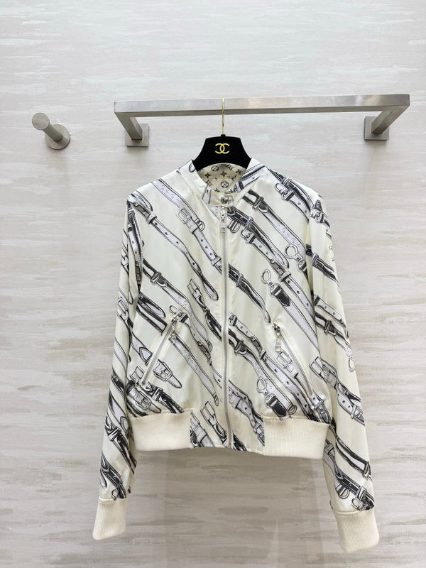 LV 26S Reversible Buckle Up Bomber Jacket & Asymmetrical Skirt Set Cream Black Silk Satin 436964