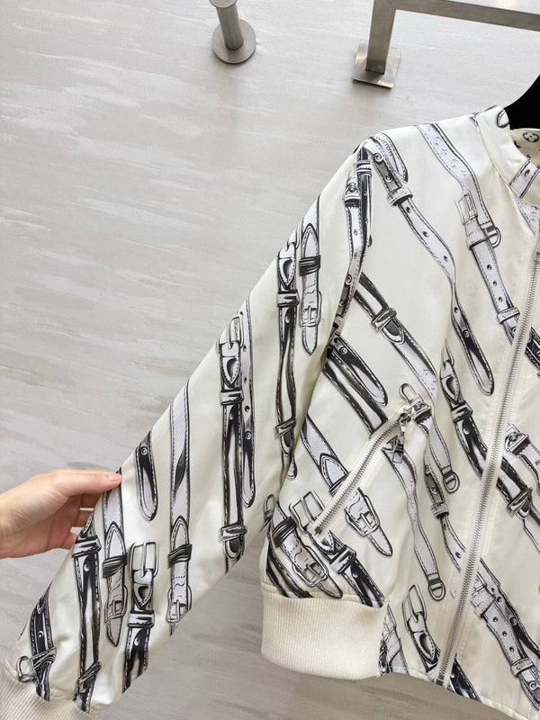 LV 26S Reversible Buckle Up Bomber Jacket & Asymmetrical Skirt Set Cream Black Silk Satin 436964