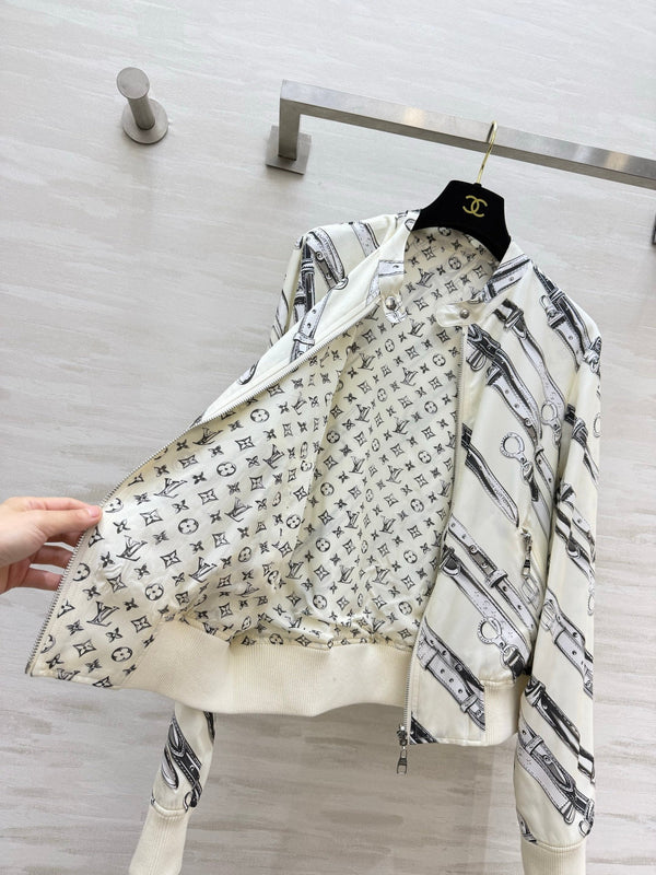 LV 26S Reversible Buckle Up Bomber Jacket & Asymmetrical Skirt Set Cream Black Silk Satin 436964