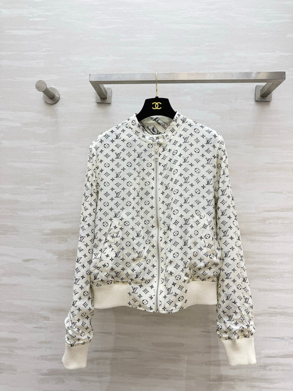 LV 26S Reversible Buckle Up Bomber Jacket & Asymmetrical Skirt Set Cream Black Silk Satin 436964