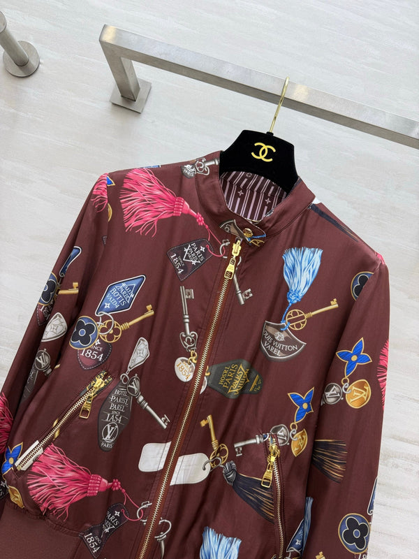 LV 26S Bomber Jacket Reversible Key Tassel Print Striped Silk Satin 436960