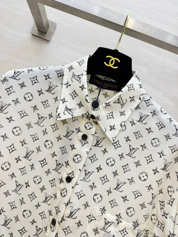 LV 26S Cropped Shirt All-Over Monogram Print Ivory Silk Satin 436956
