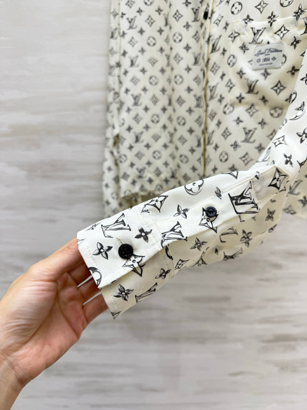 LV 26S Cropped Shirt All-Over Monogram Print Ivory Silk Satin 436956