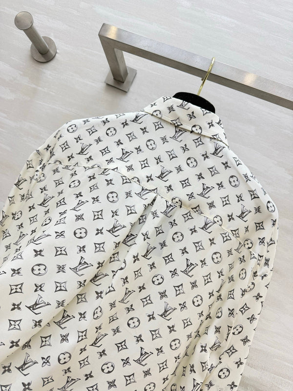 LV 26S Cropped Shirt All-Over Monogram Print Ivory Silk Satin 436956