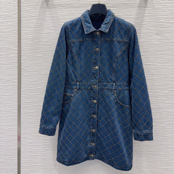 LV 26S Denim Shirt Dress Diamond Grid Pattern Buttons Blue Cotton 436596