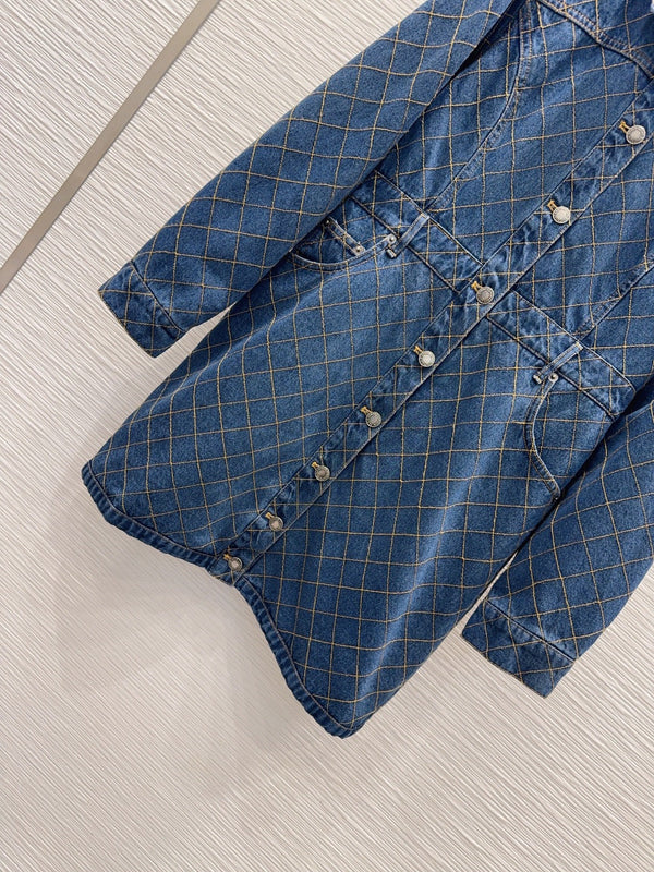 LV 26S Denim Shirt Dress Diamond Grid Pattern Buttons Blue Cotton 436596