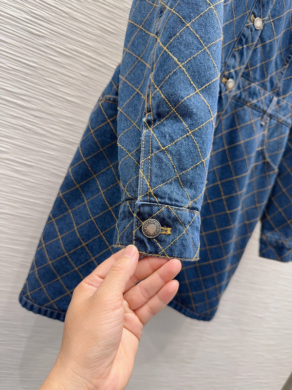 LV 26S Denim Shirt Dress Diamond Grid Pattern Buttons Blue Cotton 436596