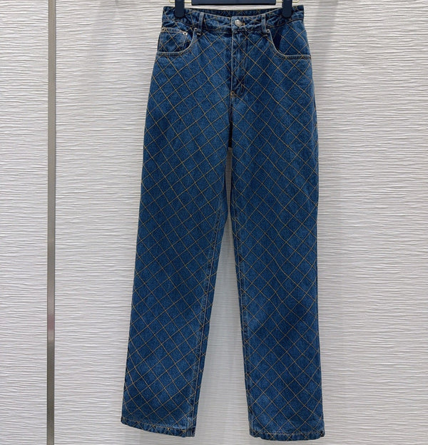 LV 26S Straight-Leg Denim Jeans Diamond-Grid Stitching Medium Wash Blue Cotton 436589