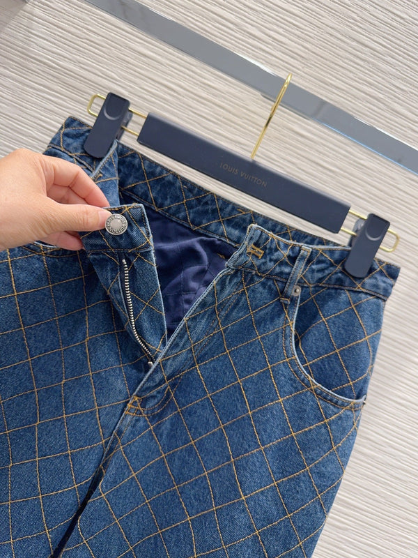 LV 26S Straight-Leg Denim Jeans Diamond-Grid Stitching Medium Wash Blue Cotton 436589