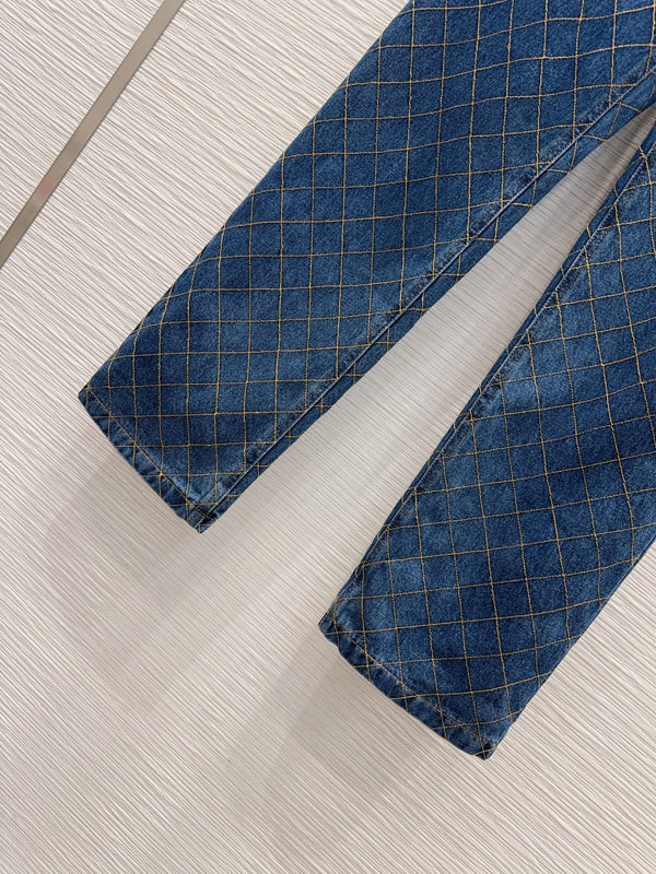LV 26S Straight-Leg Denim Jeans Diamond-Grid Stitching Medium Wash Blue Cotton 436589