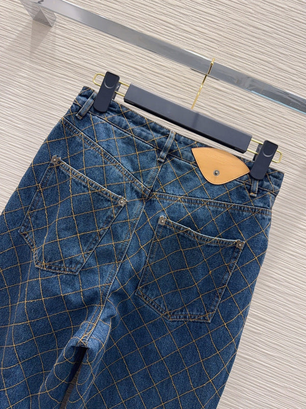 LV 26S Straight-Leg Denim Jeans Diamond-Grid Stitching Medium Wash Blue Cotton 436589