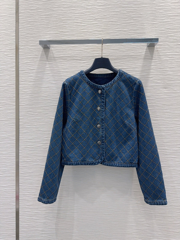 LV 26S Quilted Denim Jacket & Diamond-Grid Denim Shorts Set Cotton 436585
