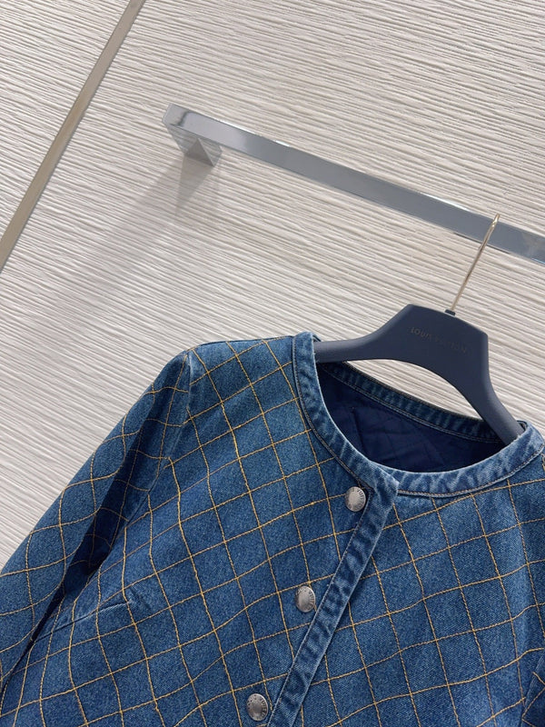 LV 26S Quilted Denim Jacket & Diamond-Grid Denim Shorts Set Cotton 436585