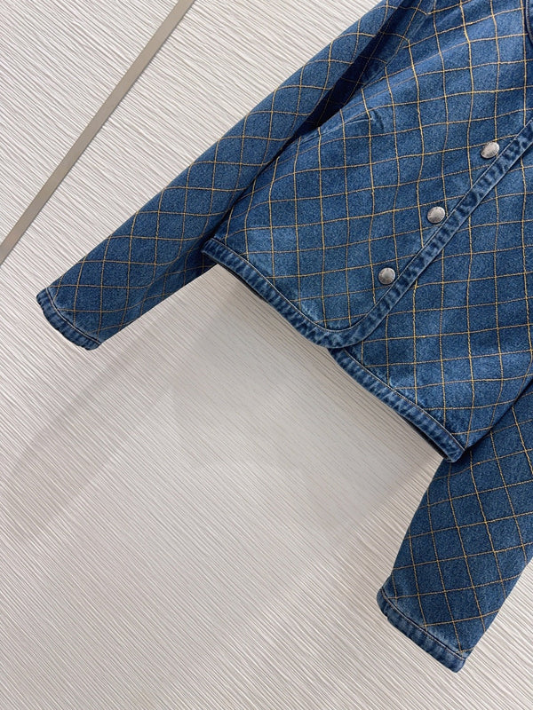 LV 26S Quilted Denim Jacket & Diamond-Grid Denim Shorts Set Cotton 436585
