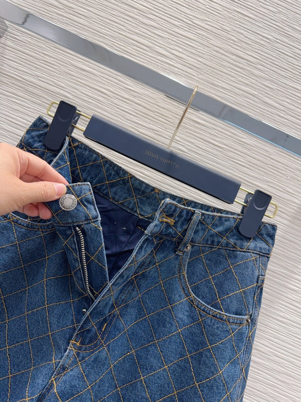 LV 26S Quilted Denim Jacket & Diamond-Grid Denim Shorts Set Cotton 436585