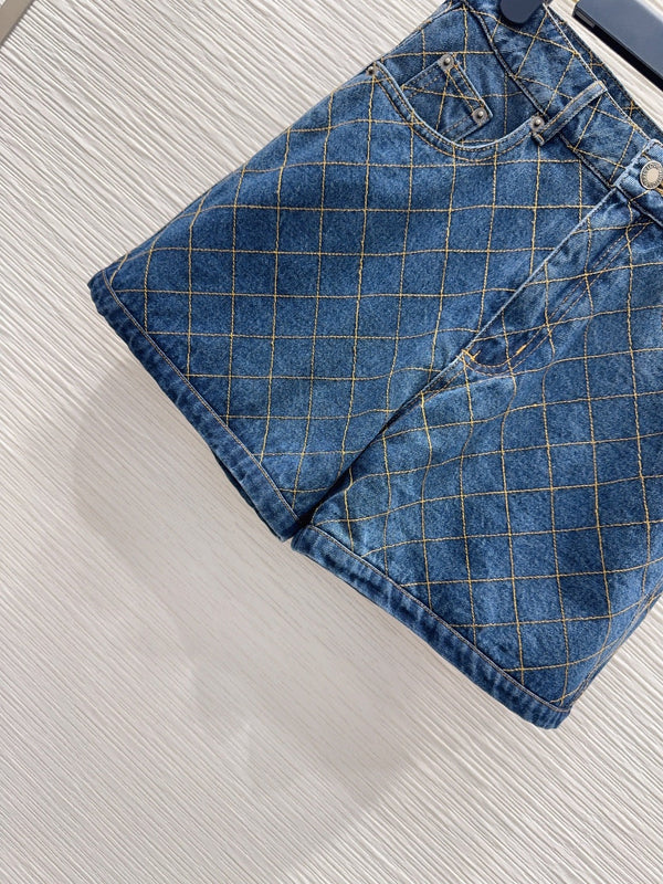 LV 26S Quilted Denim Jacket & Diamond-Grid Denim Shorts Set Cotton 436585