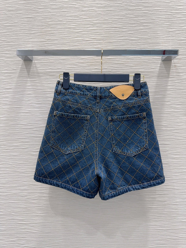 LV 26S Quilted Denim Jacket & Diamond-Grid Denim Shorts Set Cotton 436585