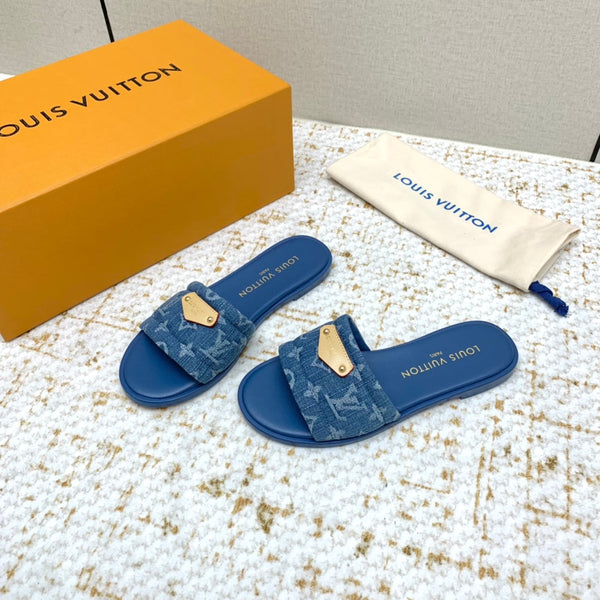 LV Monogram Flat Mules Quilted Denim Strap Gold Plaque 159240