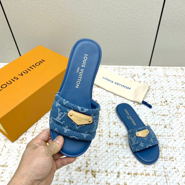 LV Monogram Flat Mules Quilted Denim Strap Gold Plaque 159240