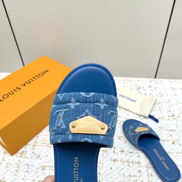 LV Monogram Flat Mules Quilted Denim Strap Gold Plaque 159240