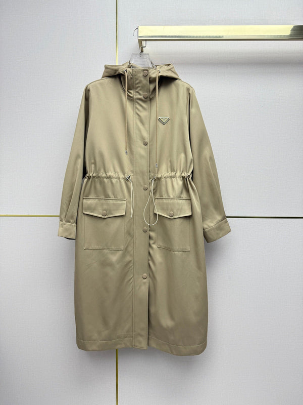 Prad 26SS Hooded Long Trench Coat Triangle Logo Drawstring Waist Cotton 437675