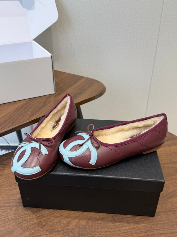 CC 26S Coco Beach Ballet Flats Bow Shearling Lining Lambskin 158502