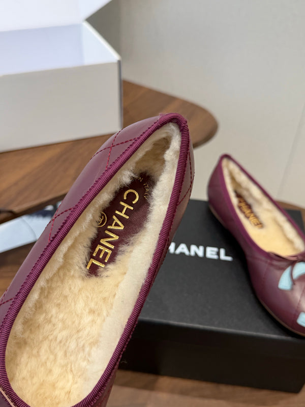 CC 26S Coco Beach Ballet Flats Bow Shearling Lining Lambskin 158502