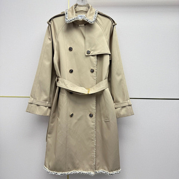 CC 26SS Long Trench Coat Tweed Lace Trim Double-Breasted Beige Cotton 437483