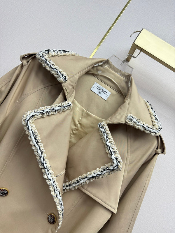 CC 26SS Long Trench Coat Tweed Lace Trim Double-Breasted Beige Cotton 437483