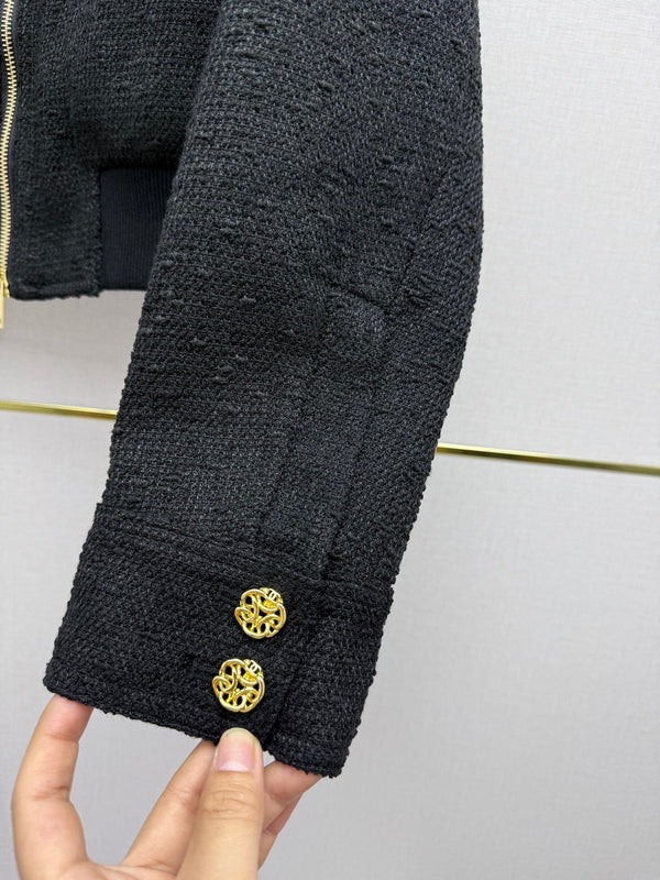 CC 26SS Tweed Zip-Up Jacket & High-Waisted Midi Skirt Set Black Cotton 437540