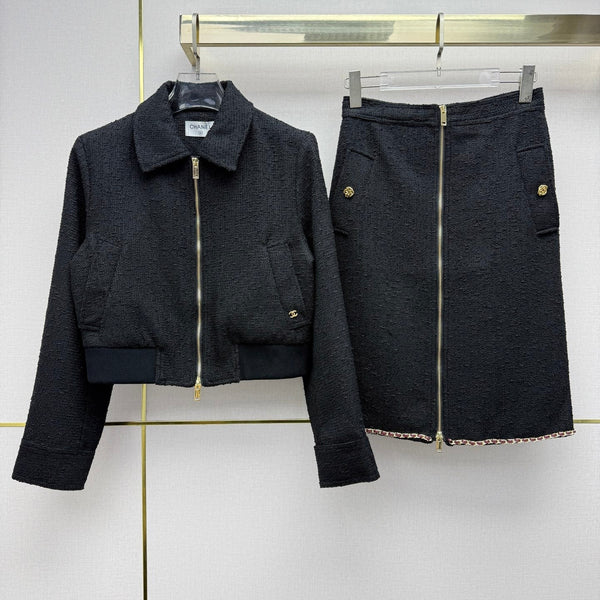 CC 26SS Tweed Zip-Up Jacket & High-Waisted Midi Skirt Set Black Cotton 437540