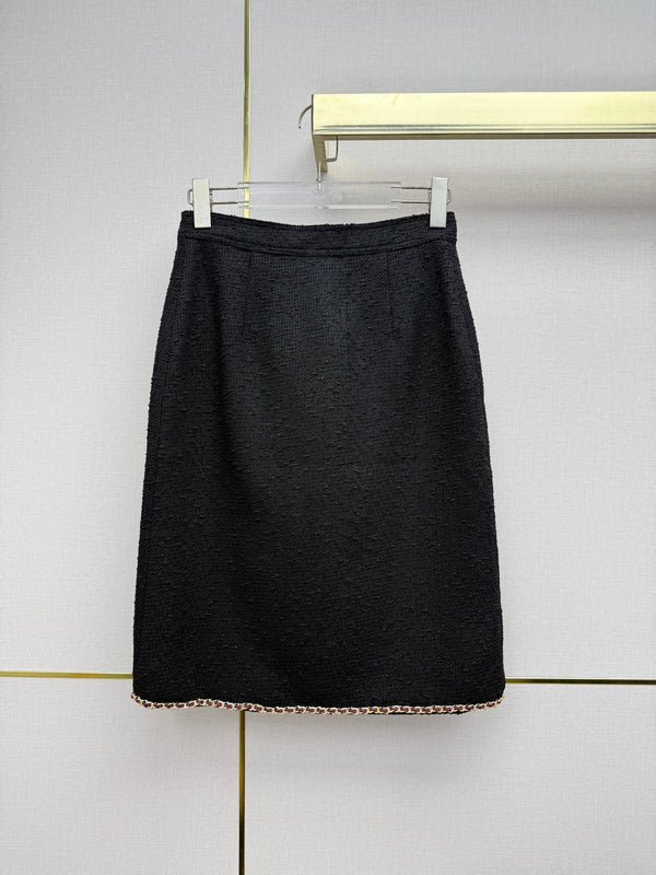 CC 26SS Tweed Zip-Up Jacket & High-Waisted Midi Skirt Set Black Cotton 437540