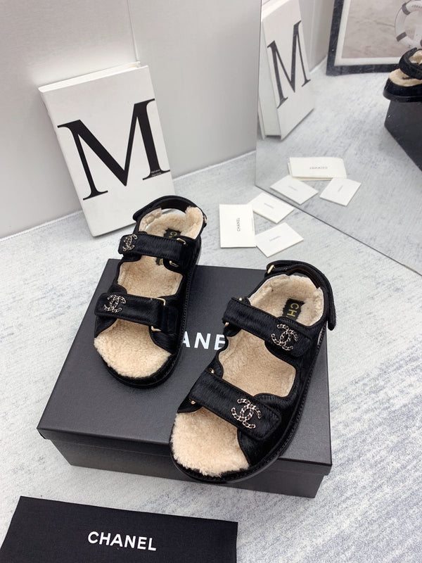 CC 26FW Shearling Sandals Triple Straps Pony Hair 161805