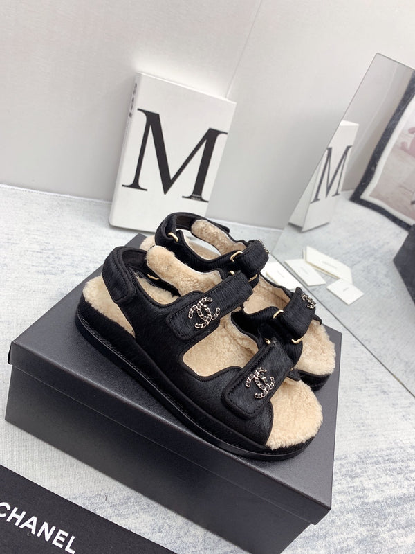 CC 26FW Shearling Sandals Triple Straps Pony Hair 161805